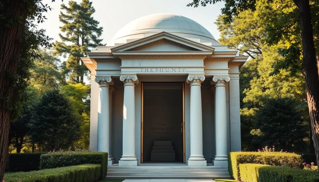 A serene, classical mausoleum stands amid lush green surroundings, its marble facade gleaming in the soft, warm sunlight. Manicured hedges and flowering plants frame the entrance, creating a peaceful, contemplative atmosphere. The tomb's pointed roof and ornate columns evoke the grandeur of ancient Greek and Roman architecture, reflecting the stature and significance of the man laid to rest within. Through the open doorway, a glimpse of the simple, elegant interior can be seen, inviting visitors to step inside and pay their respects to George Washington, the revered first President of the United States.