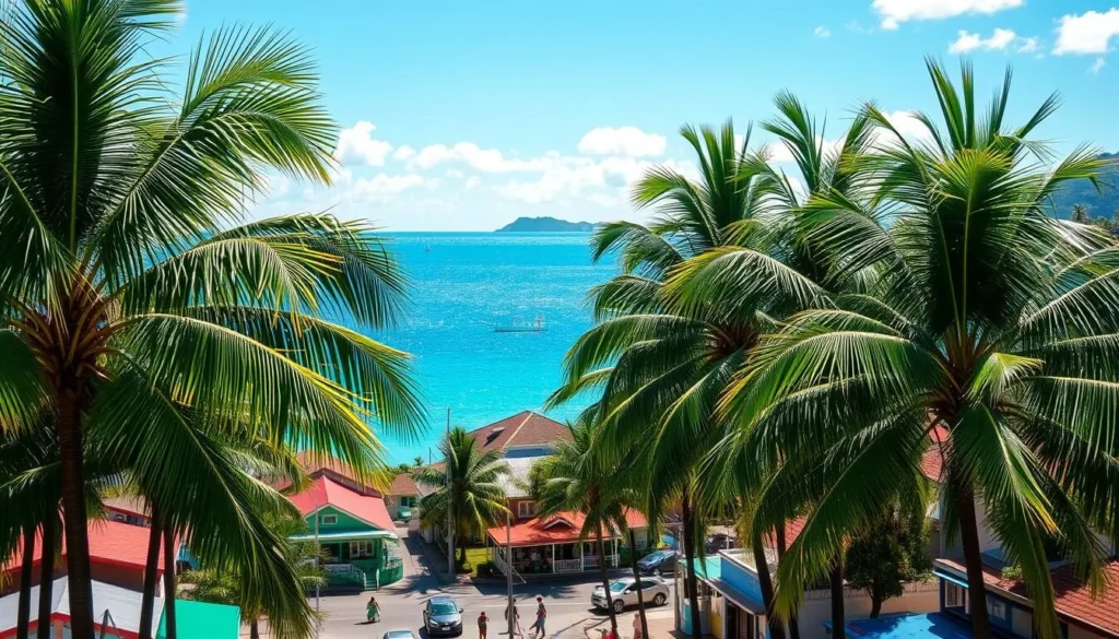 A serene coastal cityscape of Port Vila, Vanuatu, on a bright, sunny day. In the foreground, lush palm trees sway gently in the warm breeze, casting dappled shadows on the bustling streets below. The middle ground features vibrant, colorful buildings with a distinct Melanesian architectural style, their roofs topped with traditional thatch. In the background, the sparkling azure waters of the South Pacific Ocean stretch out to the horizon, dotted with small boats and sailcraft. The scene is illuminated by soft, natural lighting, creating a welcoming, tropical atmosphere.