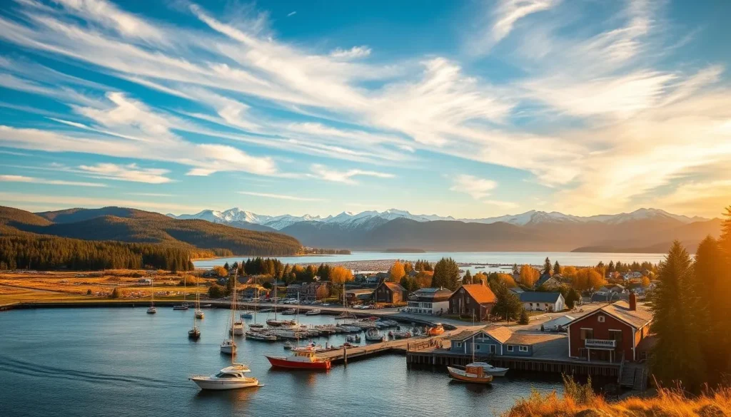 A serene coastal landscape in Homer, Alaska, bathed in warm, golden afternoon sunlight. In the foreground, a picturesque fishing harbor with colorful boats gently bobbing on the tranquil waters. Behind it, rolling hills and lush evergreen forests stretch out towards the distant mountains, their snow-capped peaks reflecting the ethereal beauty of the scene. In the middle ground, a quaint town with charming wooden buildings and a bustling main street, capturing the charm and character of this Alaskan gem. The sky is a brilliant blue, peppered with wispy clouds that lend a sense of lightness and movement to the composition. The overall mood is one of serenity, natural splendor, and the allure of small-town coastal living.