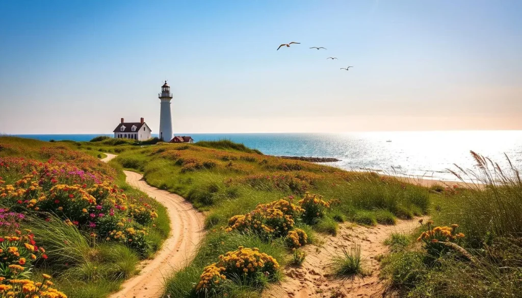 A serene coastal landscape of Plum Island, Massachusetts, on a sun-dappled summer day. In the foreground, a well-worn path winds through lush dunes blanketed in vibrant wildflowers. The middle ground features the iconic Plum Island Lighthouse, its white tower standing tall against a clear blue sky. In the distance, the glistening waters of the Atlantic Ocean stretch out to the horizon, dotted with fishing boats and seabirds soaring overhead. Warm, diffused lighting casts a golden glow over the entire scene, evoking a sense of tranquility and natural beauty. Capture the perfect itinerary for a day spent exploring the wonders of Plum Island.