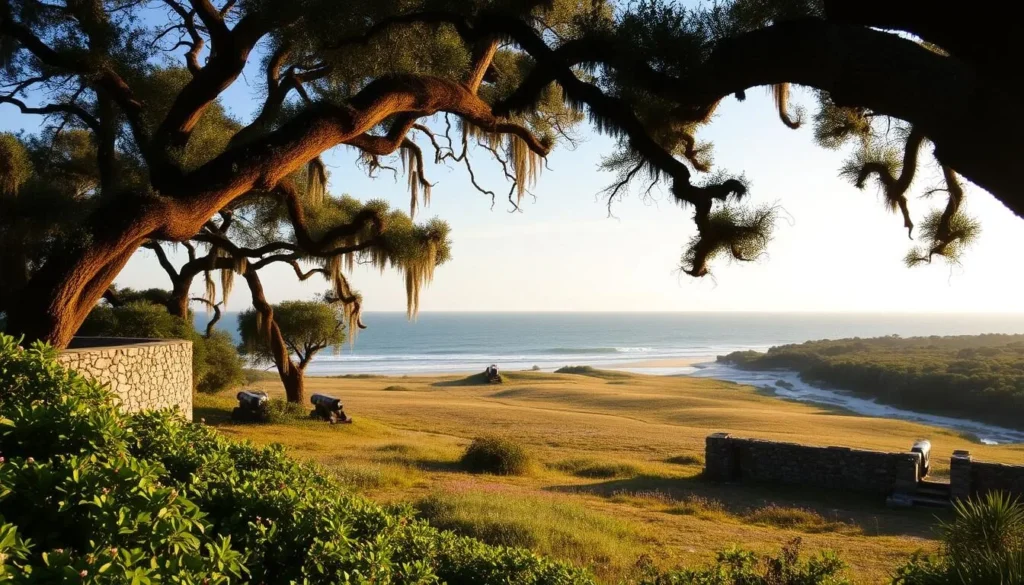 A serene coastal landscape on St. Catherines Island, Georgia, bathed in warm afternoon sunlight. In the foreground, lush vegetation and moss-covered live oak trees frame a view of the island's historic fort ruins, with crumbling stone walls and weathered cannons hinting at its storied past. The middle ground features a gently rolling meadow dotted with wildflowers, leading to a picturesque shoreline where the Atlantic Ocean laps against the sandy beach. In the distance, the island's dense maritime forest stretches out, hinting at the diverse ecosystems and rich history that have shaped this unique barrier island over the centuries.