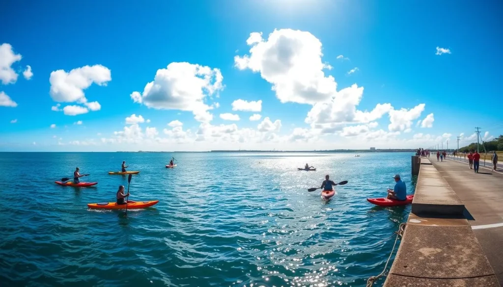 A serene coastal scene along the Dunedin Causeway, showcasing a range of water-based activities. In the foreground, kayakers and stand-up paddleboarders glide across the tranquil, sun-dappled waters. In the middle ground, families enjoy fishing from the causeway's edge, with a picturesque view of the distant shore. The background features a vibrant blue sky with fluffy white clouds, creating a calming, picturesque atmosphere. The scene is captured with a wide-angle lens, highlighting the expansive, breathtaking landscape. Warm, natural lighting illuminates the entire composition, conveying a sense of serene, outdoor leisure.