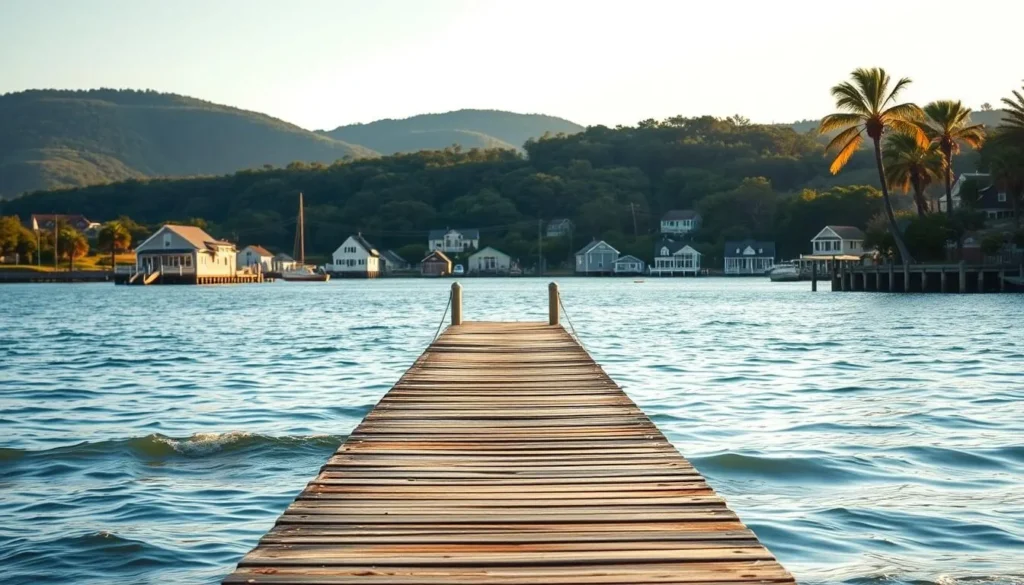 A serene coastal scene in North Carolina, beyond the Outer Banks. In the foreground, a picturesque pier extends into the calm, azure waters, where gentle waves lap against the weathered wooden planks. Dotting the middle ground, charming coastal cottages and beach houses, their pastel-hued facades reflecting in the tranquil bay. In the distance, rolling hills and lush forests frame the horizon, bathed in the warm, golden glow of the afternoon sun. A light, salty breeze rustles the swaying palm fronds, creating a sense of tranquility and natural beauty. Capture the essence of this enchanting coastal region, free from crowds and commercialization.