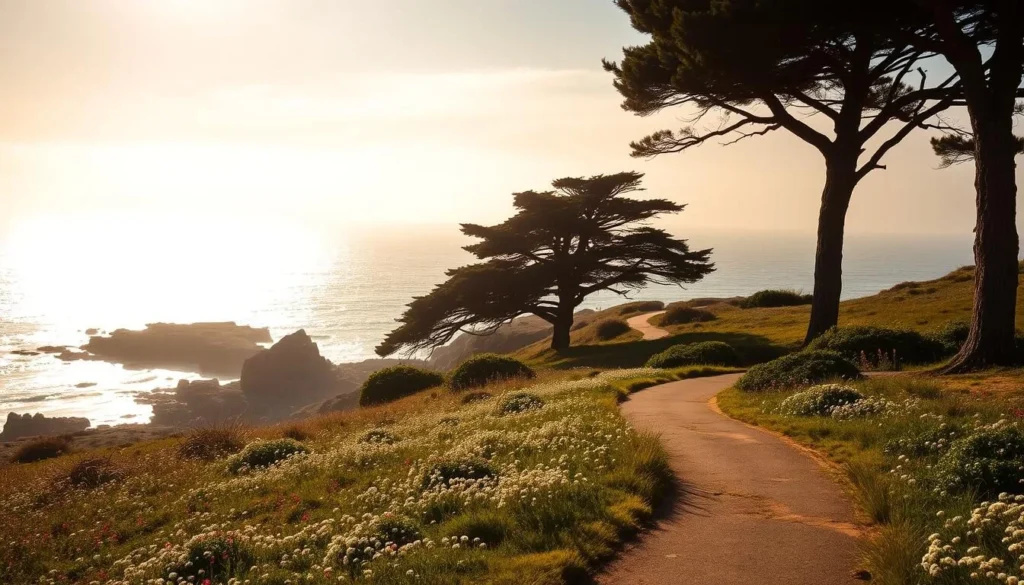 A serene coastal scene in Pacific Grove, California, showcasing the town's picturesque charm. A winding path leads through a lush, flower-dotted meadow, flanked by towering cypress trees. In the distance, the rugged, rocky shoreline meets the vast, shimmering Pacific Ocean, its waves gently lapping against the shore. Warm, golden sunlight filters through the hazy sky, casting a soft, inviting glow over the tranquil landscape. The scene exudes a sense of peaceful solitude, capturing the essence of this charming "Butterfly Town" along the Monterey Peninsula.