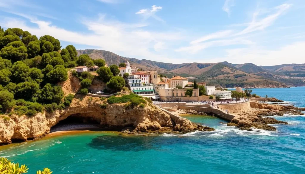 A serene coastline along the Costa Brava, Spain, where turquoise waves gently lap against the rugged, sun-kissed cliffs. In the foreground, a small cove with a hidden, pebbled beach, framed by lush, verdant vegetation. The middle ground showcases picturesque whitewashed buildings and charming seaside promenades, with people leisurely strolling and dining alfresco. In the distance, the backdrop features rolling hills, dotted with clusters of olive trees and vineyards, under a clear, azure sky with wispy clouds. Capture the tranquil, unspoiled essence of this idyllic, Mediterranean landscape, bathed in warm, golden light and an atmosphere of serene, coastal charm.