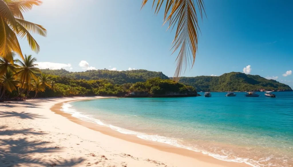 A serene coastline on Cebu Island, Philippines, bathed in warm afternoon sunlight. In the foreground, a sandy beach dotted with palm trees sways gently in a light breeze. The middle ground reveals a picturesque cove with turquoise waters lapping at the shore, surrounded by lush, verdant hills. In the distance, a group of traditional outrigger boats float peacefully on the calm sea. The scene exudes a tranquil, island paradise atmosphere, inviting the viewer to imagine an idyllic itinerary exploring Cebu's natural beauty.