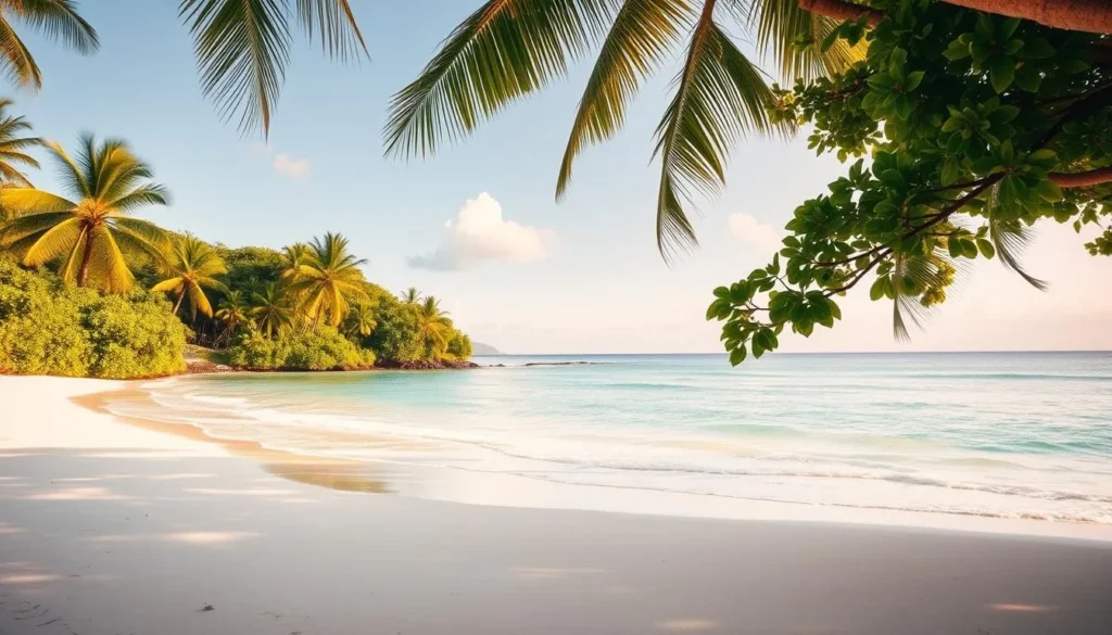 A serene coastline with the lush, verdant foliage of Four Mile Beach in Port Douglas, Queensland. In the foreground, pristine white sand leads to crystal-clear, turquoise waters gently lapping at the shore. Swaying palm trees and lush tropical greenery frame the scene, creating a natural, picturesque backdrop. The warm, golden sunlight casts a soft, diffused glow, highlighting the vibrant colors and textures of the landscape. Capture the tranquil, idyllic atmosphere of this coastal gem, showcasing its natural beauty and appeal as a premier destination in tropical North Queensland.