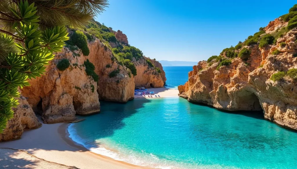 A serene cove nestled along the rugged coastline of Mallorca, Spain. Turquoise waters shimmer beneath a bright, sun-dappled sky. Rocky cliffs rise up on either side, their ochre hues casting warm shadows across the hidden beach. Lush, verdant foliage clings to the cliffs, framing the tranquil scene. In the foreground, fine white sand invites leisurely strolls, while the middle ground reveals a few scattered beach umbrellas and sun-worshippers. The overall atmosphere is one of peaceful seclusion, a true natural gem tucked away from the crowds.