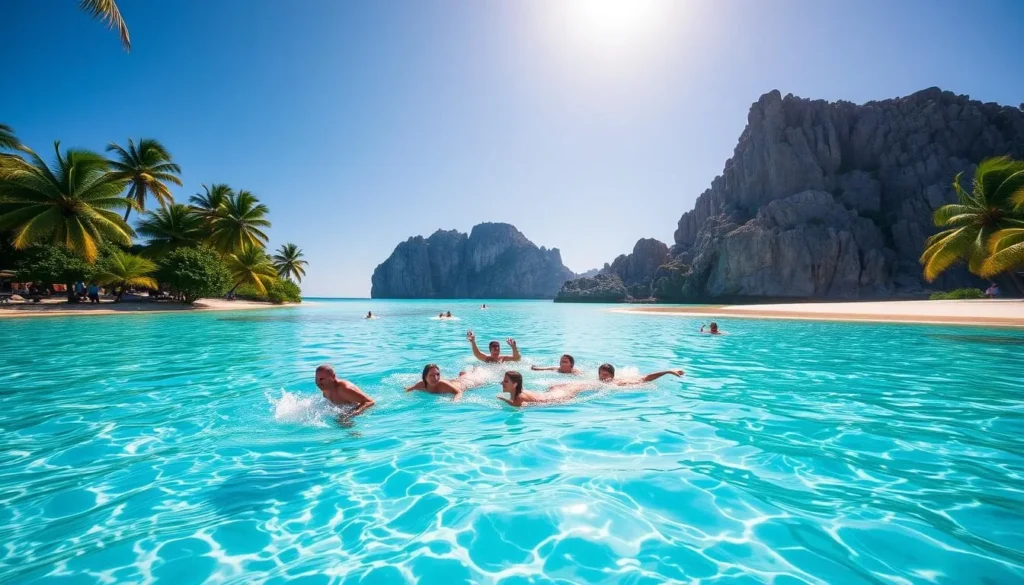 A serene, crystal-clear turquoise lagoon, surrounded by lush, verdant palm trees swaying gently in a light breeze. The sun's rays dance on the surface, creating a mesmerizing, shimmering effect. In the foreground, a group of people swim and splash playfully, their joyful laughter echoing across the tranquil waters. The middle ground features smooth, white-sand beaches, inviting visitors to relax and soak up the Caribbean atmosphere. In the distance, rugged, rocky cliffs rise up, creating a dramatic, picturesque backdrop to this idyllic tropical scene. Capture the essence of a perfect day in paradise, where the crystal-clear waters beckon and the worries of the world fade away.