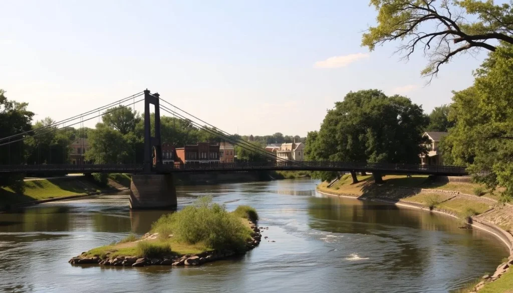 A serene day in Waco, Texas, where the Brazos River winds through a picturesque landscape. In the foreground, the iconic Suspension Bridge spanning the river, its intricate ironwork silhouetted against the bright, cloudless sky. In the middle ground, the charming historic buildings of downtown Waco, their warm, earthy tones and quaint architecture inviting exploration. In the background, the lush, verdant banks of the river, dotted with towering trees casting dappled shadows. Soft, natural lighting bathes the scene, creating a tranquil, inviting atmosphere that captures the essence of Waco's alluring charm.