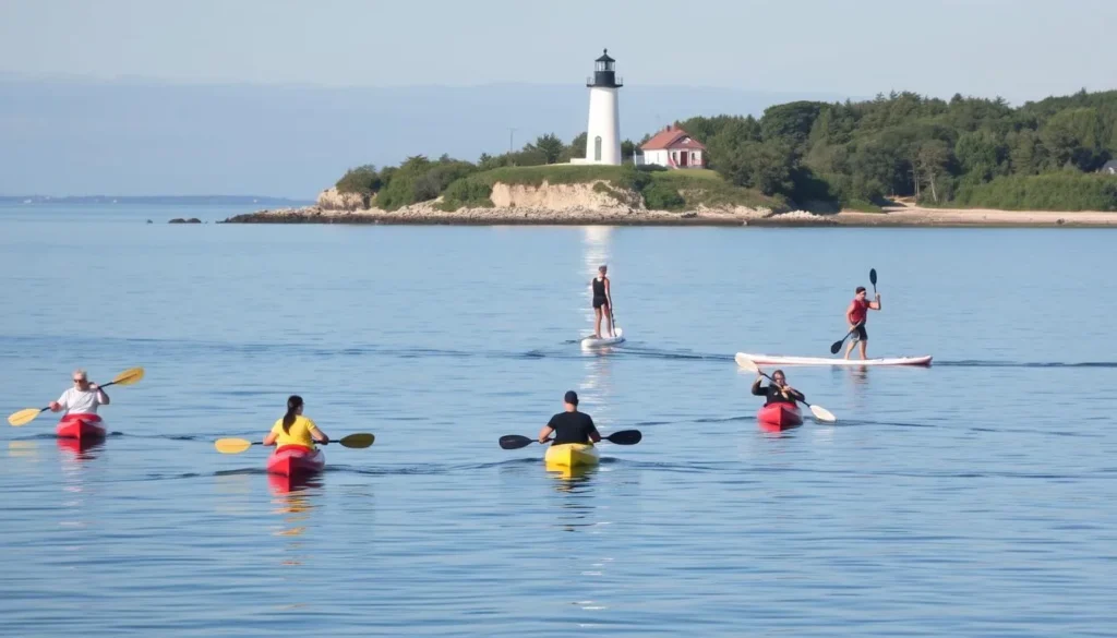 A serene day on the waters of Plum Island, Massachusetts. A picturesque scene of people kayaking and stand-up paddleboarding across the calm, glistening waves. In the foreground, a group of friends paddle their kayaks, their reflections mirrored in the tranquil surface. In the middle ground, a lone paddleboarder glides effortlessly, taking in the scenic coastal views. The background showcases the lush, verdant shoreline and the iconic Plum Island lighthouse, its beacon shining brightly under the warm, golden sunlight. The atmosphere is relaxed and inviting, capturing the essence of the island's renowned water activities.
