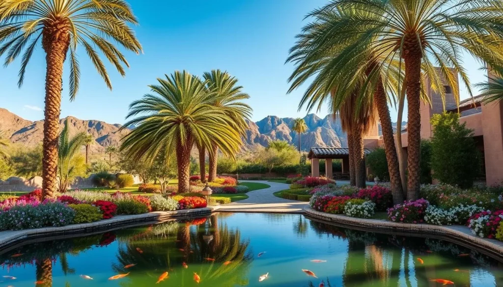 A serene desert oasis, lush and vibrant, nestled amidst the rugged, sun-drenched landscape. In the foreground, a tranquil pond reflects the azure sky, its surface interrupted by the graceful movements of colorful koi fish. Towering palm trees sway gently in the warm breeze, casting delicate shadows across the manicured gardens filled with fragrant blooms. In the middle ground, a meandering pathway invites exploration, leading towards a shaded, adobe-style pavilion where visitors can pause and take in the peaceful ambiance. The background showcases the majestic mountains, their rugged peaks silhouetted against the golden hour light, creating a stunning and serene desert oasis.
