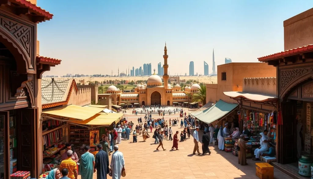A serene desert oasis, the vibrant culture of Kuwait unfolds. In the foreground, a bustling traditional souk, its narrow alleyways lined with colorful spice stalls and artisanal crafts. Intricately carved wooden doors and ornate archways frame the scene, evoking the region's rich architectural heritage. In the middle ground, a grand mosque rises, its towering minaret and gleaming domes reflecting the warm afternoon sunlight. Surrounding this, a tranquil public square bustles with locals and visitors, enjoying the temperate weather and engaging in lively conversation. In the distance, the sleek, modern skyline of Kuwait City juxtaposes the historical elements, showcasing the nation's dynamic blend of old and new.