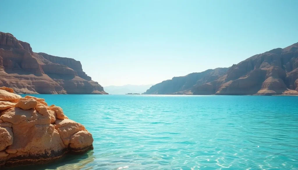 A serene, expansive landscape of the Dead Sea, Jordan. In the foreground, crystal-clear turquoise waters reflect the cloudless azure sky. Rugged, sun-drenched rocky cliffs rise majestically on the horizon, their layers of sedimentary rock forming a stunning natural backdrop. Soft, warm light bathes the scene, creating a tranquil, almost otherworldly atmosphere. The high salt concentration creates a mesmerizing, shimmering surface, inviting visitors to float effortlessly. In the distance, the hazy silhouettes of mountains frame this unique, breathtaking natural wonder.