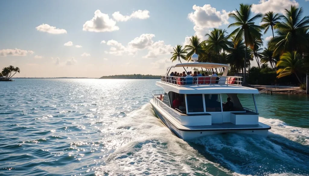 A serene ferry boat gliding across the sparkling waters of Peanut Island, Florida. The vessel's sleek, modern design cuts through the gentle waves, its white hull reflecting the warm, golden sunlight. Passengers relax on the open-air deck, taking in the picturesque coastal scenery - lush palm trees lining the shores, a clear blue sky dotted with fluffy clouds. In the distance, the verdant island comes into view, beckoning visitors to explore its natural wonders. The ferry's smooth, steady journey captures the tranquil atmosphere of this scenic, idyllic setting, perfectly suited for a day of outdoor adventure and relaxation.