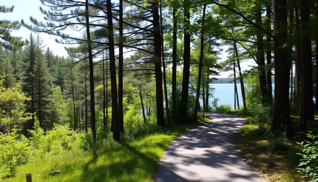 A serene forest path winds through a lush, verdant landscape, the sunlight filtering gently through the canopy of towering pines. In the foreground, the smooth, winding trail of the Paul Bunyan State Trail invites exploration, its surface dotted with occasional pebbles and fallen leaves. Towering oaks and maples line the trail, their branches casting dappled shadows on the path below. In the distance, a crystalline lake shimmers, its calm waters reflecting the surrounding foliage. The scene exudes a sense of tranquility and natural beauty, perfectly capturing the essence of the Paul Bunyan State Trail and its picturesque setting.