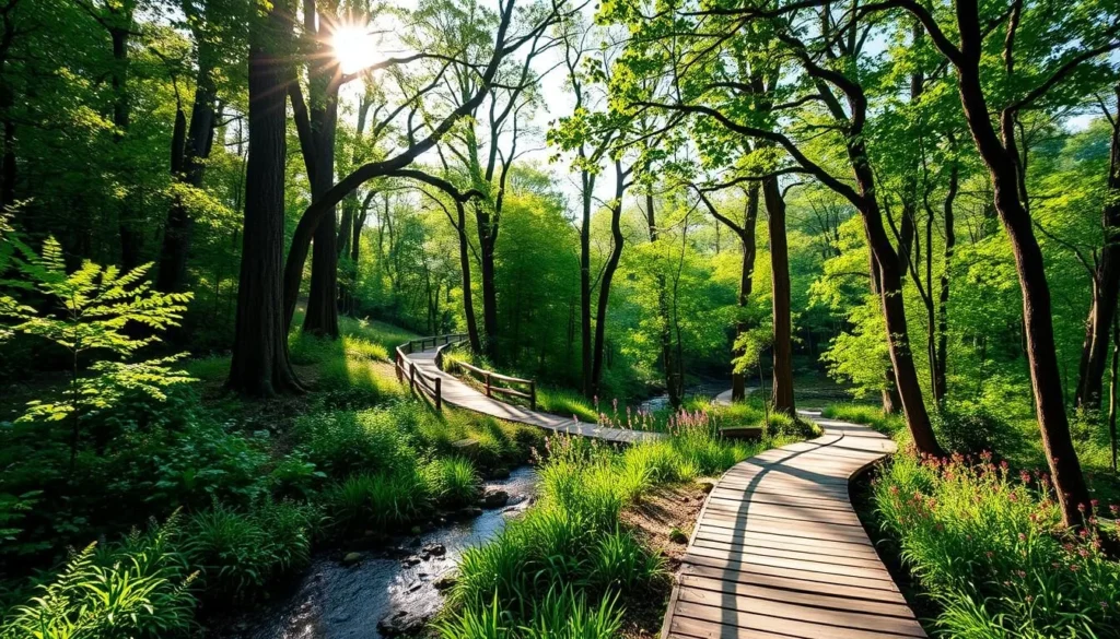 A serene forest trail winds through the lush vegetation of Mammoth Spring State Park. Dappled sunlight filters through the verdant canopy, casting a warm glow on the winding path. In the foreground, a wooden bridge crosses a tranquil stream, inviting visitors to explore the natural beauty of this scenic Arkansas destination. The middle ground features towering cypress trees and vibrant wildflowers lining the trail, while the background reveals the iconic Mammoth Spring, a stunning natural wonder. The overall atmosphere is one of peaceful solitude, inviting hikers to immerse themselves in the park's seasonal splendor.