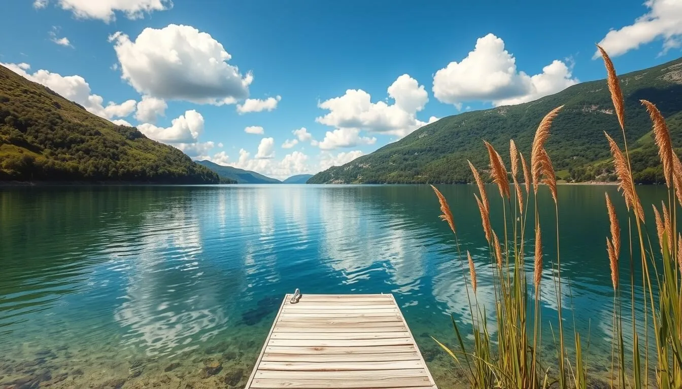 A serene freshwater lake nestled amidst lush, verdant hills. Crystalline waters reflect the azure sky, dotted with fluffy white clouds. In the foreground, a wooden dock extends into the tranquil lake, inviting visitors to dip their toes or cast a line. Tall, swaying reeds line the shoreline, adding a natural, earthy element. Warm, golden sunlight filters through the scene, creating a welcoming, peaceful atmosphere. Capture the essence of a relaxing day spent surrounded by the beauty of this idyllic lakeside landscape.