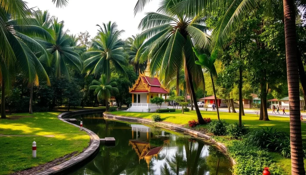 A serene hidden oasis in Samut Prakan, Thailand, with a lush, verdant landscape. In the foreground, a tranquil canal winds through the scene, its still waters reflecting the surrounding foliage. Towering palm trees sway gently in the soft breeze, casting dappled shadows on the ground below. In the middle ground, a small traditional Thai temple stands, its ornate architecture and golden accents gleaming in the warm, natural lighting. In the distance, a row of quaint, colorful houses line the banks of the canal, hinting at the local community. The overall atmosphere is one of peaceful, understated charm, inviting the viewer to explore this off-the-beaten-path gem.
