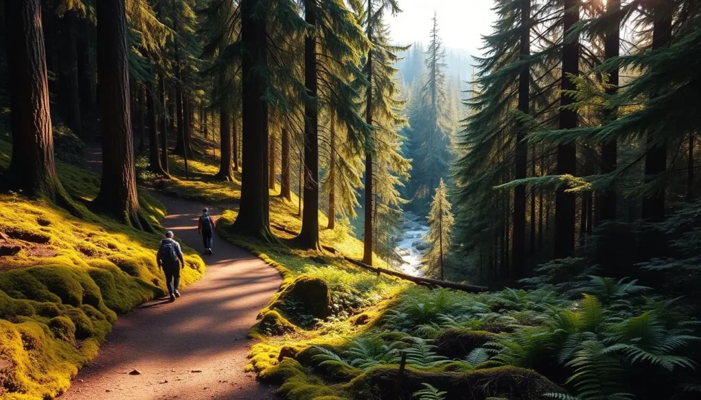 A serene hiking trail winds through a lush, verdant forest in Olympia, Washington. The path meanders gently, flanked by towering evergreen trees that filter the sunlight, casting a warm, golden glow across the scene. The forest floor is carpeted with a tapestry of ferns and moss, adding a sense of tranquility and natural harmony. In the distance, a glimpse of a babbling brook can be seen, its gentle sounds echoing through the peaceful landscape. Hikers amble along the trail, taking in the sights and sounds of this picturesque outdoor haven. The overall atmosphere evokes a sense of adventure, rejuvenation, and a deep connection with the natural world.