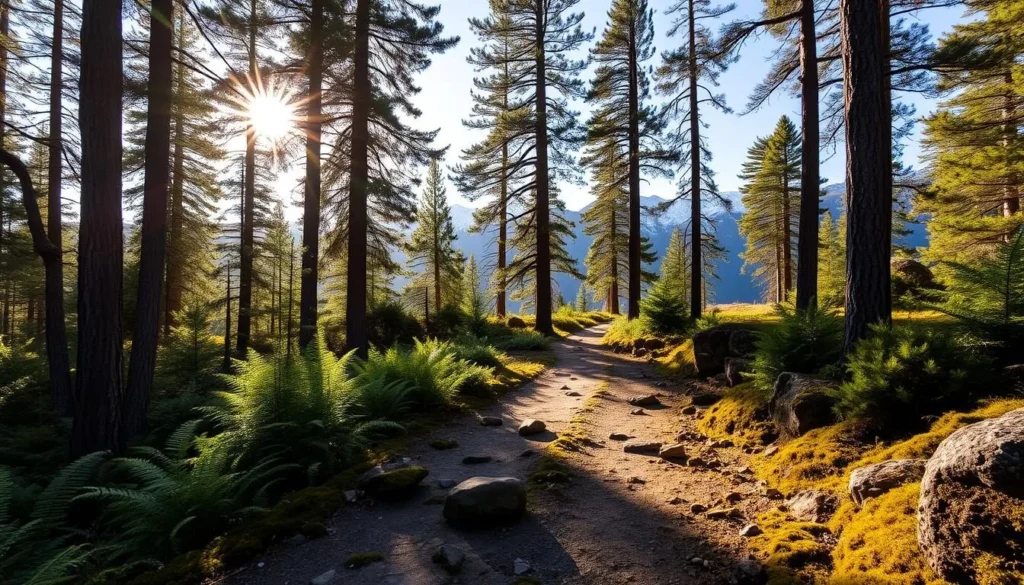 A serene hiking trail winds through a lush, verdant forest in Queenstown, New Zealand. Sunlight filters through the canopy of towering pine trees, casting a warm, golden glow on the well-trodden path. Vibrant ferns and mossy rocks line the trail, inviting hikers to slow down and immerse themselves in the tranquil natural surroundings. In the distance, rugged, snow-capped mountains rise majestically, providing a breathtaking backdrop to this outdoor adventure. The scene exudes a sense of peaceful exploration, beckoning viewers to lace up their boots and embark on an invigorating hike through this picturesque landscape.