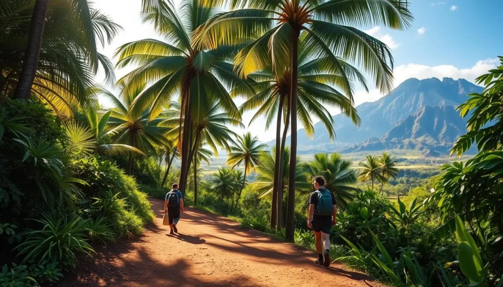 A serene hiking trail winds through lush, verdant foliage in the heart of Oahu's tropical landscape. Sunlight filters gently through the canopy of towering palm trees, casting a warm, golden glow on the packed dirt path ahead. In the distance, glimpses of dramatic volcanic peaks punctuate the horizon, hinting at the island's dramatic geological history. Hikers, their backpacks and hiking boots visible, make their way along the trail, immersed in the tranquil beauty of their surroundings. The scene evokes a sense of peaceful exploration, inviting the viewer to imagine a safe, respectful journey through this stunning natural wonder.