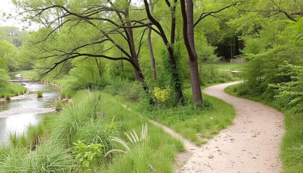 A serene image of the Cool Creek Park Trails, highlighting the natural surroundings and trail pathways.