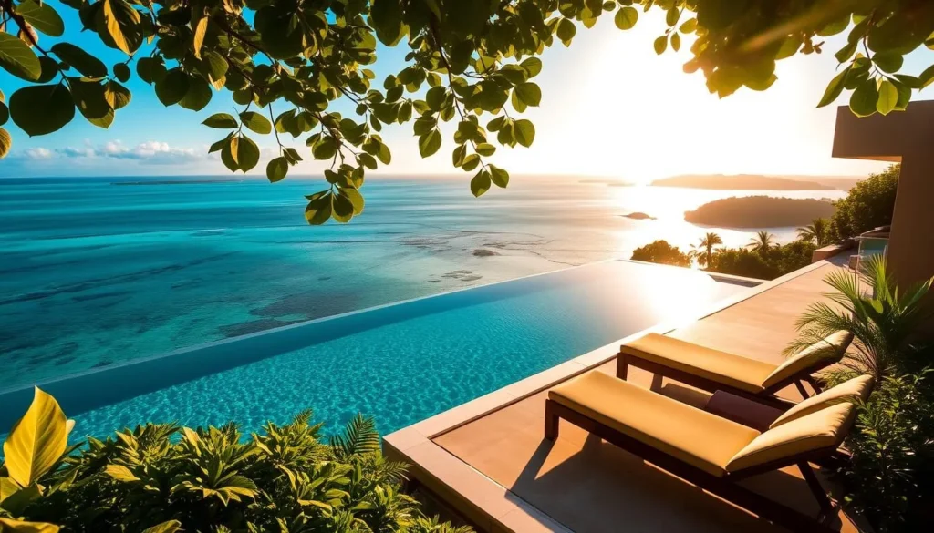 A serene infinity pool overlooking the turquoise waters of the Caribbean, nestled amidst lush, verdant foliage. Sunlight gently filters through the leaves, casting a warm, golden glow across the scene. The pool's edge seems to melt seamlessly into the horizon, creating a mesmerizing illusion of boundless water. Sleek, modern architecture blends harmoniously with the natural surroundings, exuding an air of sophisticated elegance. Plush lounge chairs invite guests to relax and soak in the breathtaking panoramic views. The atmosphere radiates tranquility and exclusivity, a hidden gem offering a luxurious escape from the world.