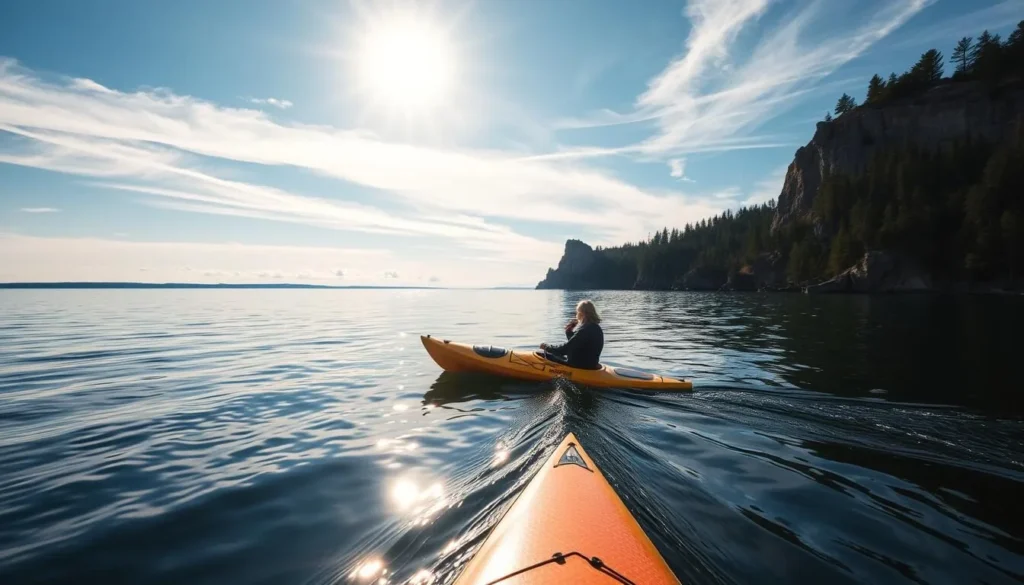 A serene kayaker glides across the tranquil waters of Lake Superior, surrounded by the rugged, pine-clad shoreline of Wisconsin. Brilliant sunlight filters through wispy clouds, casting a warm glow over the scene. The kayak's hull slices through the reflective surface, creating a mesmerizing pattern of ripples. In the distance, rocky cliffs and dense forests rise, creating a picturesque backdrop for this outdoor adventure. The overall mood is one of peaceful solitude, inviting the viewer to imagine the calming experience of paddling along this majestic Great Lake.