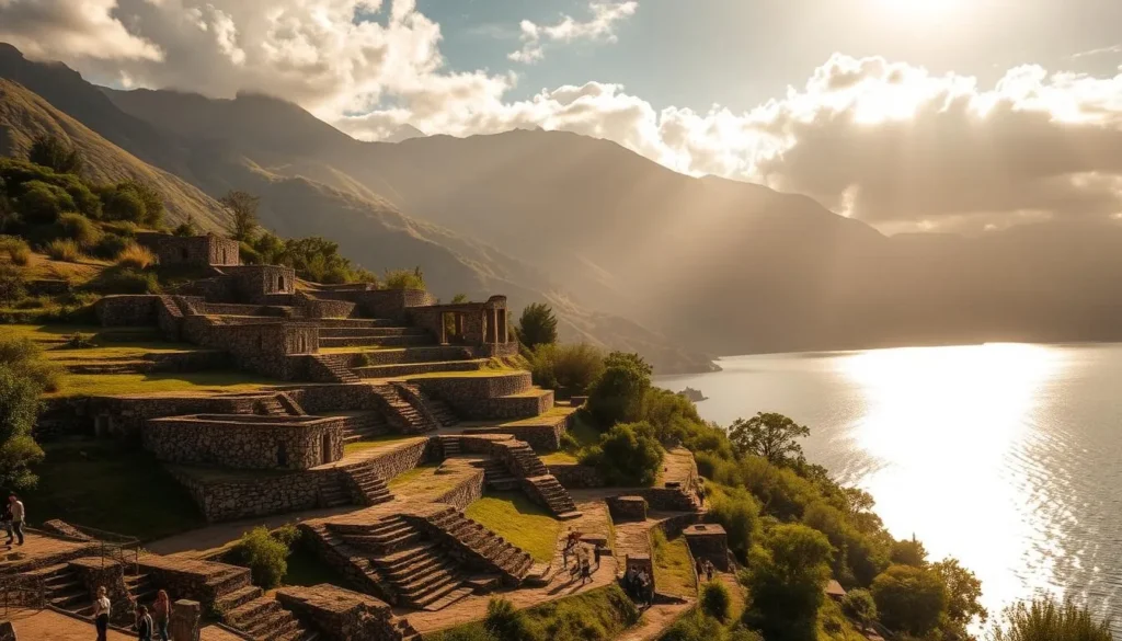 A serene lakeside archaeological site nestled amidst the Andes mountains. Weathered stone structures and terraces dot the gently sloping terrain, surrounded by lush, verdant foliage. Warm, golden sunlight filters through wispy clouds, casting a soft, ambient glow over the scene. In the distance, the tranquil waters of Lake Titicaca shimmer and reflect the natural beauty. Visitors explore the ancient ruins, imagining the vibrant history that once thrived in this picturesque setting. The atmosphere is one of quiet contemplation, inviting viewers to step back in time and immerse themselves in the legacy of this remarkable archaeological site.