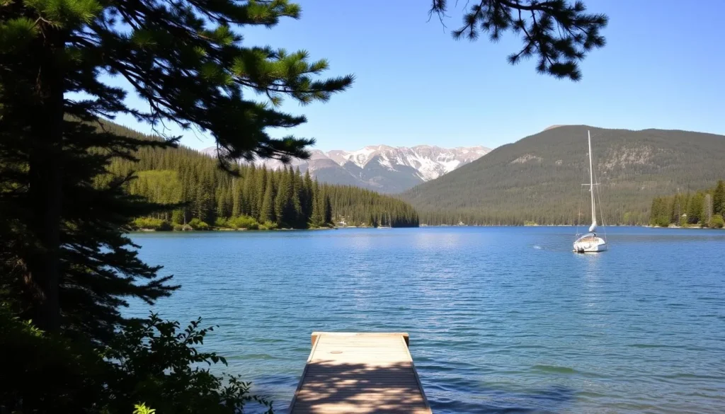 A serene lakeside landscape at Lake Placid, New York, on a bright sunny day. In the foreground, a small wooden dock extends into the calm, crystal-clear waters, surrounded by lush, verdant foliage. The middle ground features a dense forest of towering pine trees, their branches casting gentle shadows on the scene. In the background, majestic mountains rise up, their peaks capped with a dusting of snow, reflecting the warm, golden light of the day. The overall atmosphere is one of tranquility and natural beauty, inviting the viewer to explore these lesser-known hidden gems of the region.