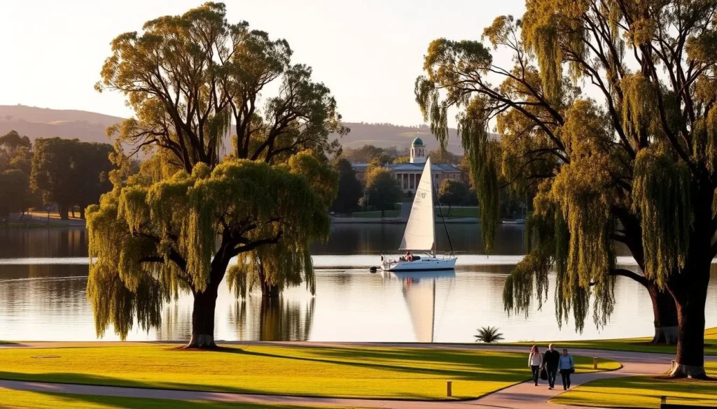 A serene lakeside landscape at Lake Wendouree in Ballarat, Victoria. The tranquil waters reflect the lush, verdant banks and towering gum trees surrounding the lake. Warm sunlight filters through the foliage, casting a golden glow over the scene. In the foreground, people stroll along the paved pathways, enjoying the natural beauty and peaceful ambiance. Sailboats drift across the still surface, their white sails billowing in the gentle breeze. The distant background features the rolling hills and historic architecture that characterize Ballarat's picturesque cityscape. Capture the essence of Ballarat's outdoor charm and recreational activities in this serene, picturesque landscape.