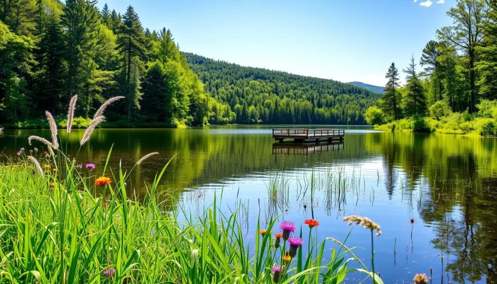 A serene lakeside landscape of Leech Lake, Minnesota, on a clear summer day. In the foreground, a lush, verdant shoreline dotted with tall grasses and vibrant wildflowers swaying gently in the breeze. Reflections of the surrounding trees and sky dance on the still, crystalline waters. In the middle ground, a wooden dock juts out into the lake, inviting visitors to take in the tranquil scene. In the background, a dense, verdant forest of towering pines and aspens rises up, creating a natural amphitheater framing the tranquil lake. Soft, warm sunlight bathes the entire landscape, imbuing the scene with a serene, peaceful atmosphere.