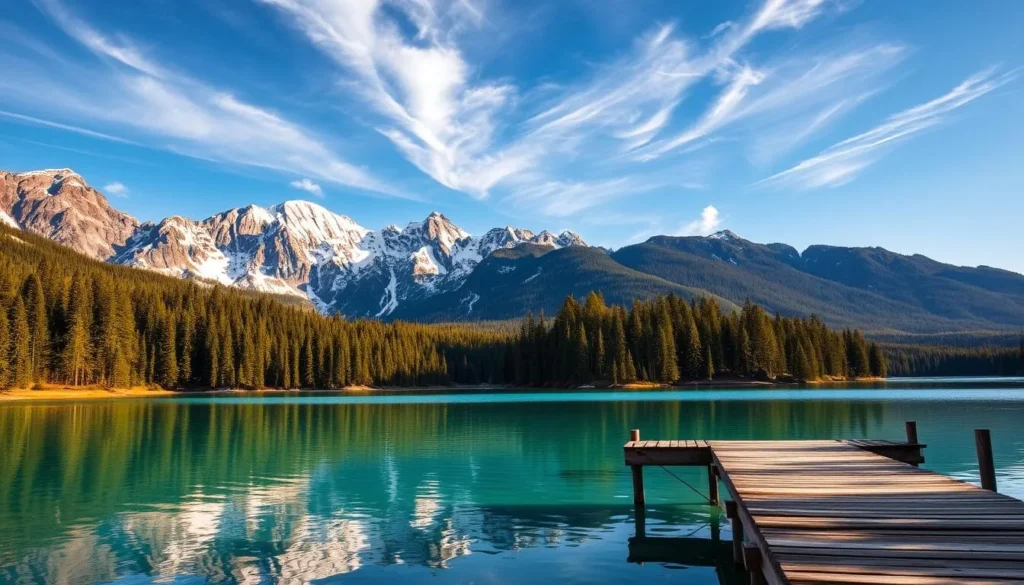 A serene lakeside landscape with lush evergreen forests, majestic snow-capped mountains, and a crystal-clear azure lake reflecting the natural beauty. Warm, golden sunlight filters through the trees, casting a soft, diffused glow over the scene. In the foreground, a picturesque wooden dock juts out into the tranquil waters, inviting exploration. Wispy cirrus clouds drift lazily overhead, creating a sense of peaceful tranquility. The overall mood is one of tranquility, wonder, and deep connection with the natural world.