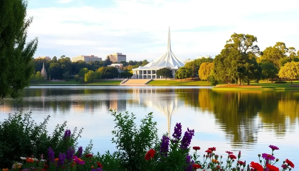 A serene lakeside landscape, with the calm waters of Lake Burley Griffin reflecting the stunning architecture of the Australian Capital. In the foreground, lush green trees and vibrant flower beds line the shore, creating a picturesque scene. The middle ground features the iconic National Library of Australia, its modern design complementing the surrounding natural beauty. In the distance, the soaring spires of the Parliament House and other government buildings stand tall, bathed in the warm glow of the sun. The scene exudes a sense of tranquility and civic pride, capturing the essence of Canberra during a pleasant seasonal event.