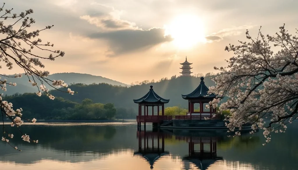 A serene lakeside pavilion nestled amidst verdant hills, reflecting in the still waters of West Lake. Delicate cherry blossoms sway gently in the breeze, casting a soft, romantic glow. In the distance, the iconic, pagoda-capped Leifeng Tower stands as a timeless symbol of Hangzhou's cultural heritage. Warm, golden sunlight filters through wispy clouds, illuminating the tranquil scene. A peaceful atmosphere pervades, inviting visitors to slow down and savor the unique charm of this "Heaven on Earth".