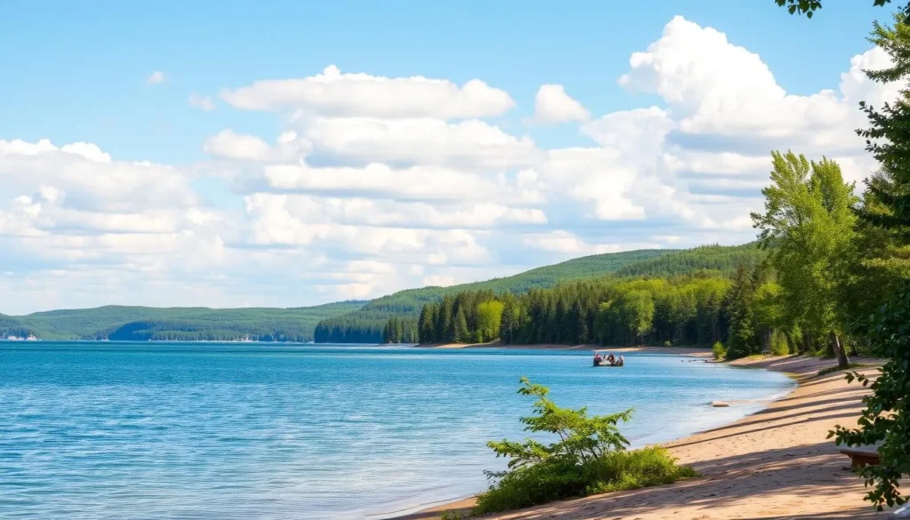 A serene lakeside scene at Big Sandy Lake, Minnesota. In the foreground, lush green trees and foliage line the sandy shore, inviting visitors to stroll along the water's edge. The calm, azure waters of the lake stretch out in the middle ground, reflecting the fluffy white clouds drifting across the bright blue sky. In the distance, rolling hills and forests create a picturesque backdrop, bathed in warm, golden sunlight. The overall atmosphere evokes a sense of tranquility and natural beauty, perfectly capturing the essence of this idyllic lake destination.