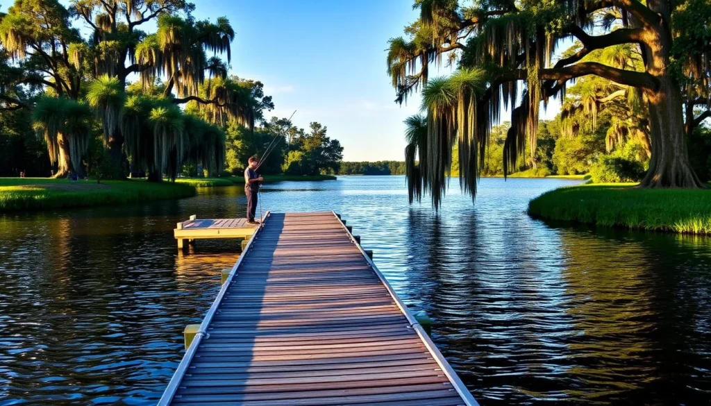 A serene lakeside scene at Fontainebleau State Park, Louisiana. A wooden dock stretches out over the calm waters of Lake Pontchartrain, casting long shadows in the warm afternoon light. Anglers patiently cast their lines, hoping to reel in a bounty of freshwater fish. The lush, verdant shoreline frames the tranquil tableau, with towering cypress trees draped in Spanish moss providing a picturesque backdrop. The overall atmosphere is one of peaceful relaxation, inviting visitors to immerse themselves in the natural beauty of this iconic Louisiana landscape.