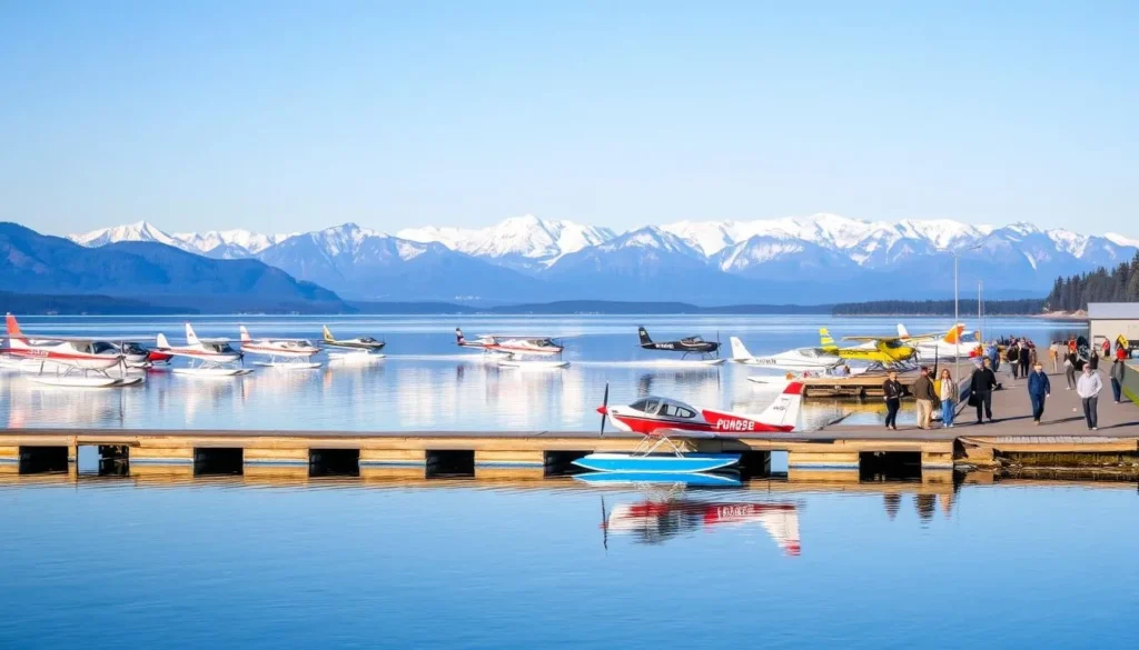 A serene lakeside scene at Lake Hood in Anchorage, Alaska, on a clear, sunny day. A fleet of small seaplanes and floatplanes are parked along the shore, their colorful bodies reflecting in the calm, glassy waters. In the background, the majestic Chugach Mountains rise, their snow-capped peaks glistening under the warm, golden light. Pilots and aviation enthusiasts stroll along the docks, discussing their latest flights and admiring the aircraft. The atmosphere is tranquil and picturesque, perfectly capturing the charm of Anchorage's vibrant aviation culture.