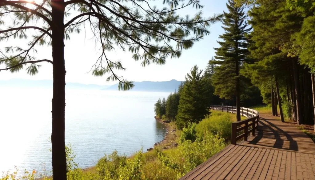 A serene lakeside scene in Oscoda, Michigan, where lush forests and rolling hills provide a picturesque backdrop for wildlife viewing. In the foreground, a wooden observation deck offers a clear vantage point, allowing visitors to observe birds, deer, and other native species in their natural habitat. Warm, golden sunlight filters through the trees, casting a gentle glow over the calm waters and creating a tranquil, inviting atmosphere. The middle ground features a meandering trail, leading deeper into the wilderness and promising further opportunities to discover the region's diverse flora and fauna. In the distance, hazy blue mountains rise, completing the stunning, unspoiled landscape.