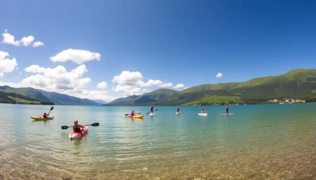 A serene lakeside scene in Te Anau, New Zealand, on a bright sunny day. In the foreground, people kayaking and stand-up paddleboarding on the crystal-clear waters of Lake Te Anau, surrounded by lush green hills and mountains in the background. The sky is a vibrant blue, with fluffy white clouds drifting overhead. The scene captures the tranquility and natural beauty of this picturesque town, inviting viewers to explore the abundance of outdoor activities and stunning landscapes that Te Anau has to offer.