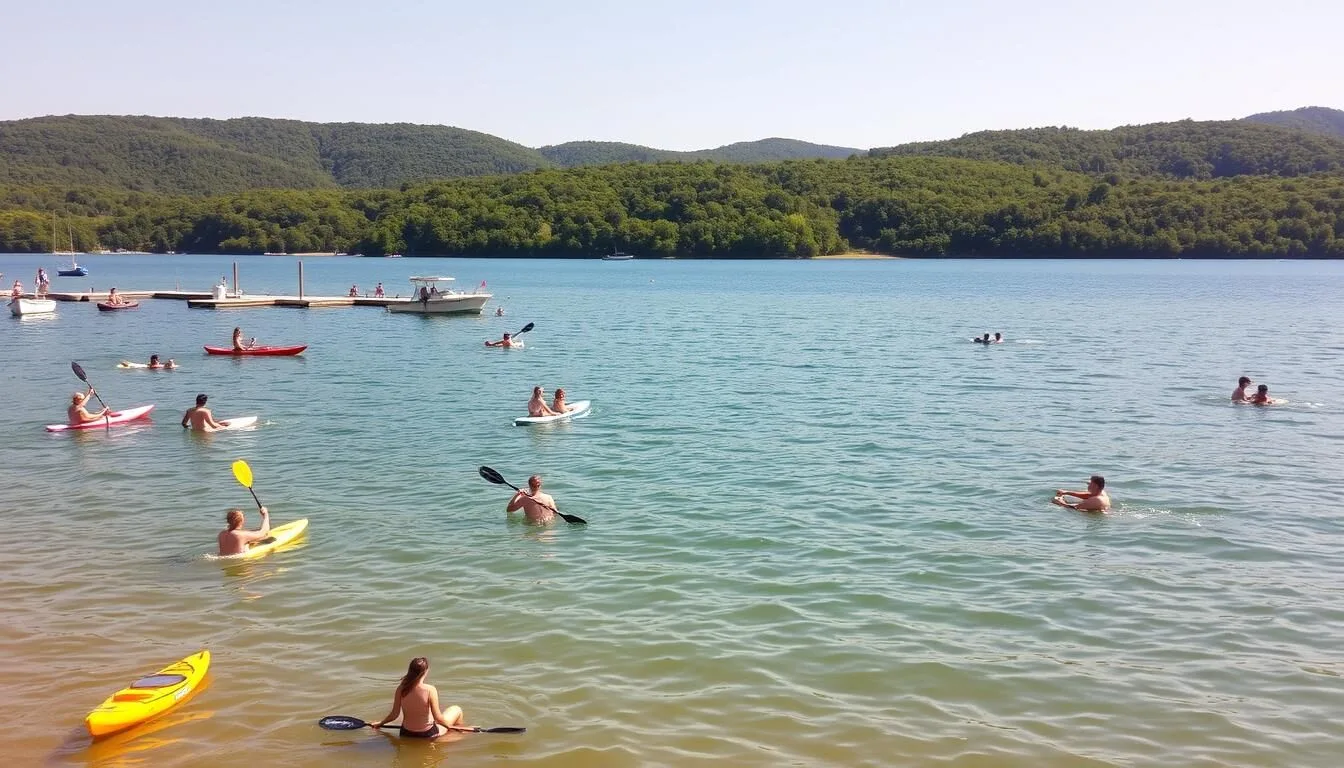 A serene lakeside scene of Lake Ouachita, Arkansas, on a picturesque summer day. In the foreground, people enjoy various water activities such as kayaking, paddleboarding, and swimming in the calm, azure waters. Mid-ground features a few small boats and docks, while the background showcases the lush, verdant shoreline and rolling hills. Warm, golden sunlight filters through the scene, creating a tranquil and inviting atmosphere. The image captures the natural beauty and recreational opportunities that make Lake Ouachita a premier outdoor destination.