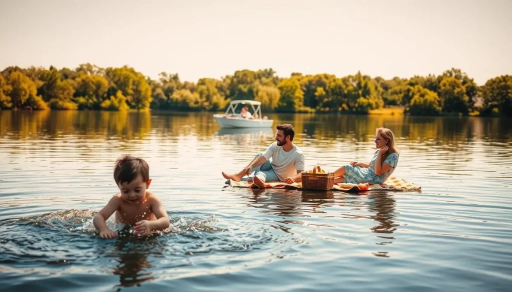 A serene lakeside setting with a family of four enjoying a variety of activities. In the foreground, a young child plays in the shallow waters, splashing joyfully. In the middle ground, a father and mother recline on a picnic blanket, sharing a meal and conversing. In the background, a boat glides across the still, mirrored surface of the lake, surrounded by lush, verdant trees. Warm, golden sunlight filters through the scene, creating a tranquil, inviting atmosphere. The composition is balanced, with the family at the center, surrounded by the natural beauty of the lake and its serene, pastoral setting.