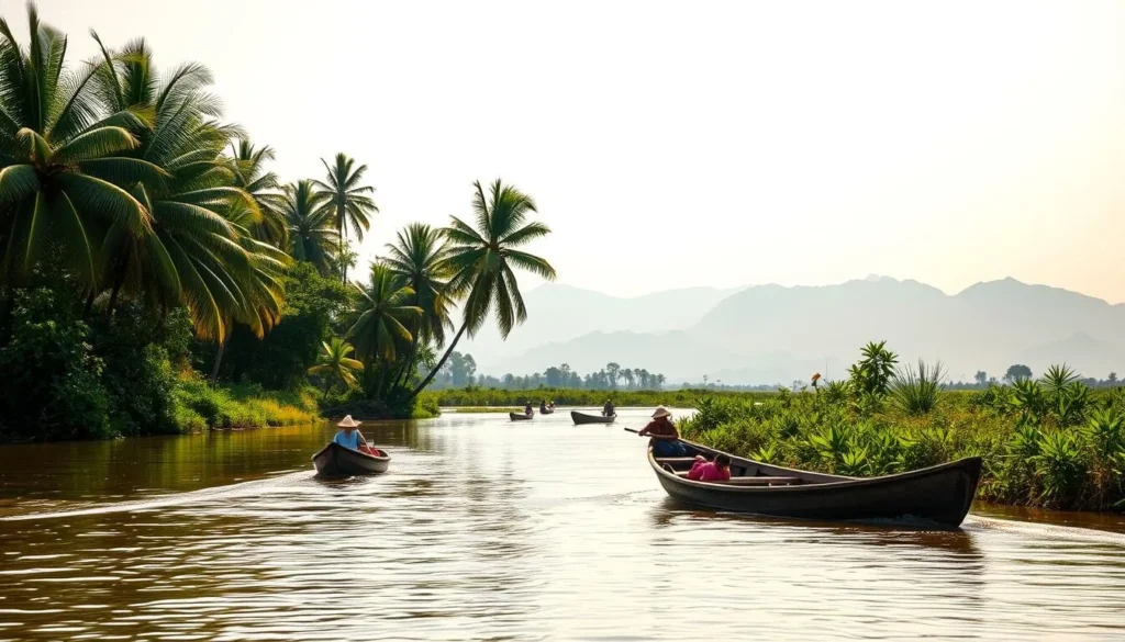 A serene landscape along the Mekong River in Laos, with lush, verdant riverbanks and a tranquil, glistening waterway reflecting the clear sky above. In the foreground, traditional wooden boats gently drift across the river, their occupants engaged in everyday activities. The middle ground features swaying palm trees and vibrant foliage, while the background is dominated by distant, hazy mountains that create a sense of depth and scale. The scene is bathed in warm, golden sunlight, casting a peaceful, inviting atmosphere. Capture this picturesque slice of Laotian life along the iconic Mekong River.