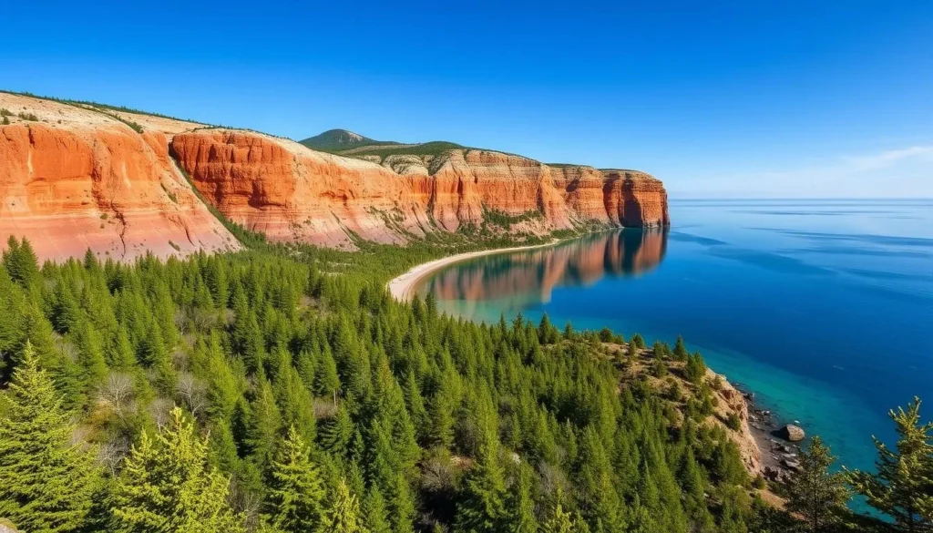 A serene landscape along the shores of Lake Superior, Michigan. Towering sandstone cliffs in shades of red, orange, and gray stretch out against a clear blue sky. Crystalline waters of the lake reflect the vibrant colors, creating a mesmerizing mirror effect. In the foreground, lush green forests cascade down the cliffs, their foliage swaying gently in the breeze. The scene is bathed in warm, natural lighting, capturing the tranquil beauty of Pictured Rocks National Lakeshore. A wide-angle lens frames the panoramic vista, inviting the viewer to immerse themselves in this stunning natural wonder.