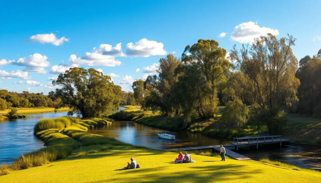 A serene landscape along the winding Murrumbidgee River, with lush banks and towering gum trees casting gentle shadows. The river flows calmly, its surface reflecting the blue sky dotted with fluffy white clouds. In the foreground, a group of people leisurely picnicking on the grassy riverbank, enjoying the tranquil atmosphere. The middle ground features a wooden dock or jetty, where a small boat is moored. Warm, golden sunlight filters through the trees, creating a peaceful, natural ambiance. The scene evokes a sense of relaxation and appreciation for the natural beauty of this iconic Australian waterway.