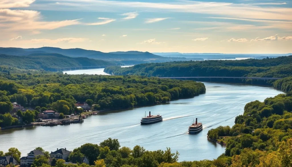 A serene landscape along the winding banks of the mighty Mississippi River, its tranquil waters reflecting the lush foliage and rolling hills of the surrounding countryside. Warm sunlight filters through wispy clouds, casting a golden glow over the scene. In the foreground, a picturesque small town with charming historic architecture nestled between the riverfront and gently sloping hills. Elegant riverboats cruise along the river, adding a touch of timeless elegance. The middle ground features a lush, verdant riparian forest, its dense canopy providing a peaceful backdrop. In the distance, the horizon is dotted with rolling hills and the silhouettes of distant trees, creating a serene and inviting atmosphere.