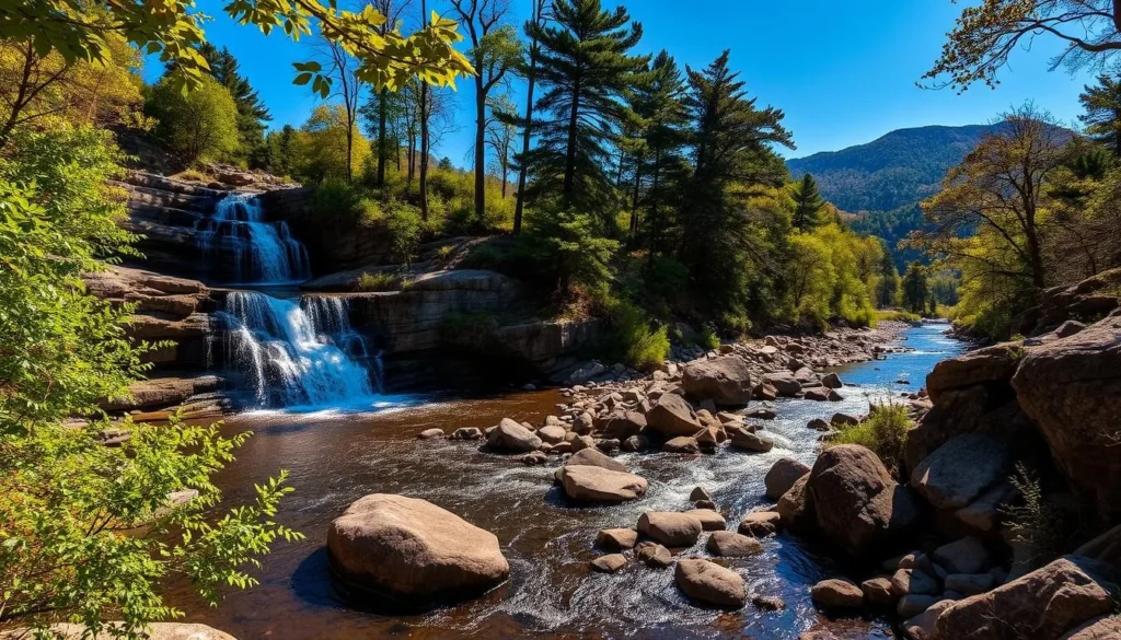 A serene landscape at Sandstone Falls, West Virginia. In the foreground, a cascading waterfall tumbles over rugged sandstone cliffs, the water sparkling in the warm sunlight. Lush, verdant foliage frames the scene, with tall trees lining the banks of the meandering river. In the middle ground, smooth boulders and rocky outcroppings dot the riverbed, creating a natural, tranquil setting. The background features rolling hills and a clear blue sky, creating a picturesque, peaceful atmosphere. Capture the beauty and tranquility of this stunning natural wonder with a wide-angle, high-resolution lens.