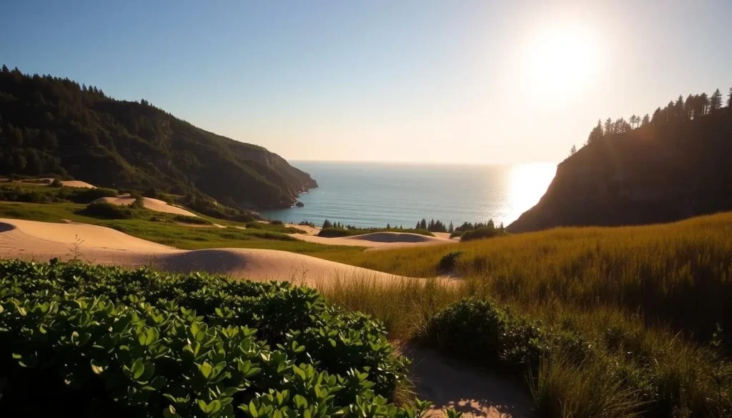 A serene landscape at Sleeping Bear Dunes National Lakeshore, Michigan. In the foreground, lush green foliage and rolling sand dunes lead the eye towards the middle ground, where a majestic Lake Michigan shimmers under a warm, golden sun. The background features rugged, tree-covered bluffs casting dramatic shadows across the scene. The lighting is soft and diffused, creating a peaceful, contemplative atmosphere. Capture this picturesque vista using a wide-angle lens to showcase the vast scale and natural beauty of this beloved national park.