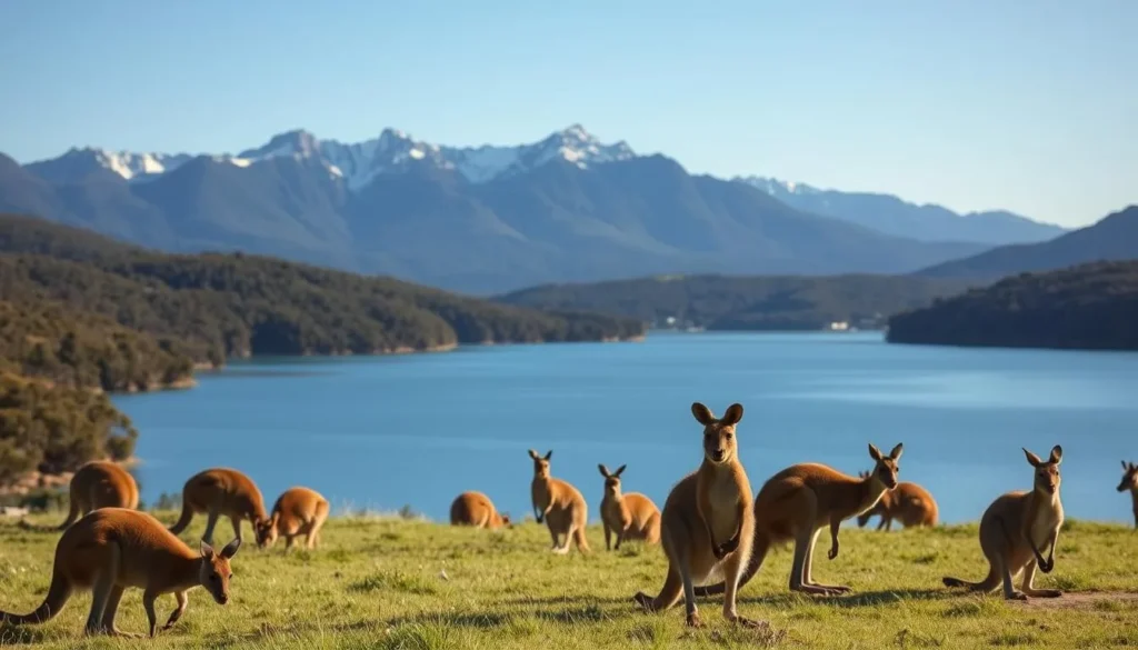 A serene landscape at Wilsons Promontory National Park, Victoria, on a pleasant day. In the foreground, a group of curious wallabies and kangaroos grazing peacefully in a lush, grassy meadow. In the middle ground, a tranquil lake reflects the surrounding hills and forests. In the background, rugged, snow-capped mountains rise majestically against a clear, azure sky. Soft, warm lighting illuminates the scene, creating a picturesque and inviting atmosphere. Captured with a wide-angle lens to showcase the grandeur of the natural environment.